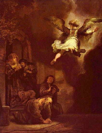 REMBRANDT Harmenszoon van Rijn The angel Raphael leaving the family of Tobit. Germany oil painting art